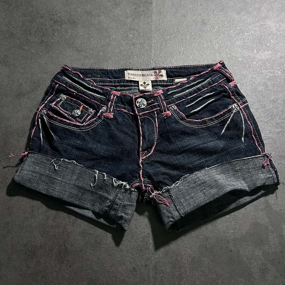 Laguna Beach Jean Co. Women's Dark Wash Denim Cutoff Shorts Pink Stitching